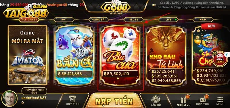 Chọn biểu tượng game bầu cua tại giao diện chính